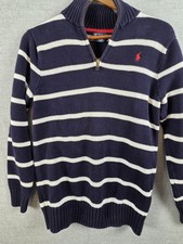 Polo Ralph Lauren quarter zip Navy Stripe sweater boys L 16-18 Pony Logo Retro