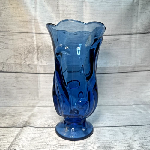 Vintage Fenton Art Glass Twilight Blue Footed Vase Heavy Thick 8” Tall