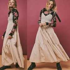 Free People Dainty Coquette Cottage Bluebell Solid Maxi Dress Sand Neutral Small