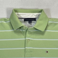 Tommy Hilfiger Polo Shirt Mens XL Green Stripe Pique Short Sleeve Flag Logo