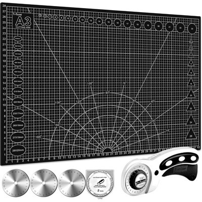 A3 A2 Cutting Mat - Black with Rotary Cutter and 45 mm Replacement Blades, Se...