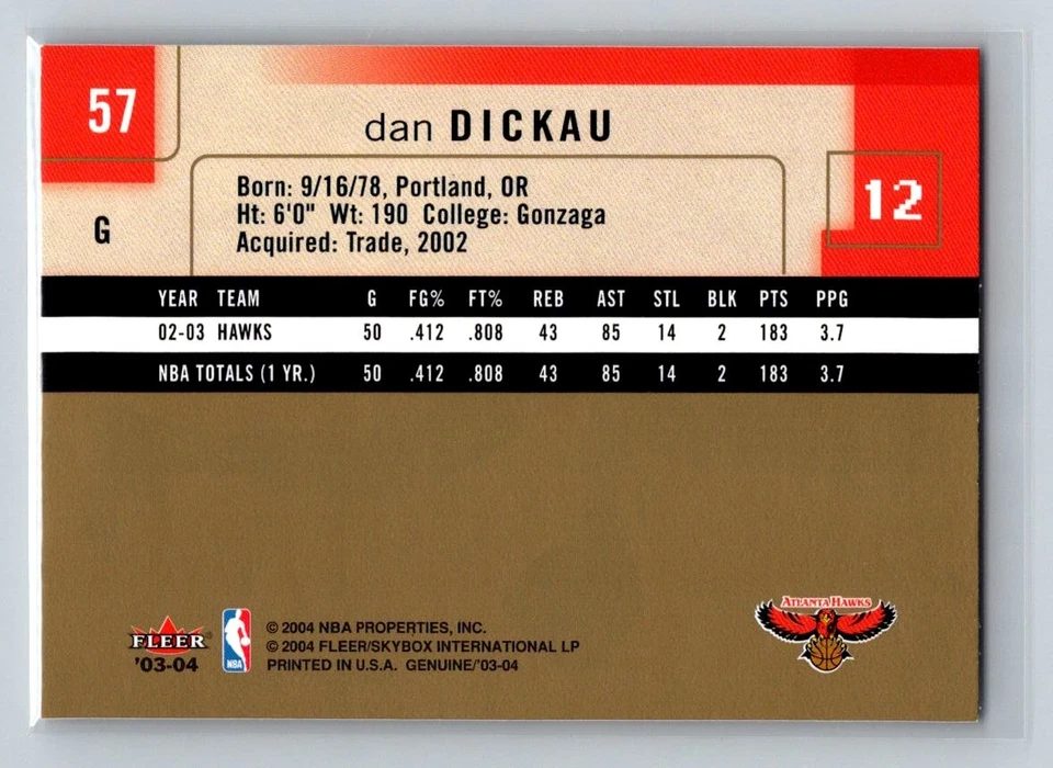 2003-04 Fleer Genuine Insider #57 Dan Dickau Atlanta Hawks Basketball Card - Image 2 of 2