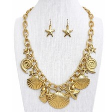 Gold-tone Shell Starfish Link Pendant Statement Necklace and Earrings Set