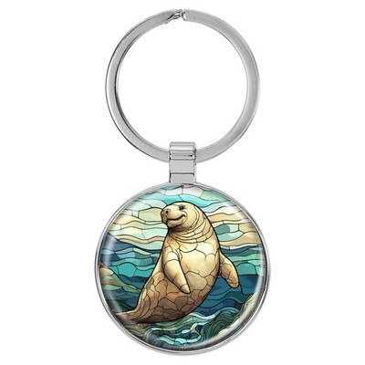 Enthoozies Manatee Mosaic Domed Keychain Backpack Pull - 1.5 x 3 Inches V3