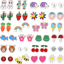 24 Pairs Hypoallergenic Stud Earrings for Girls Kids Cute Stainless Steel Earrin