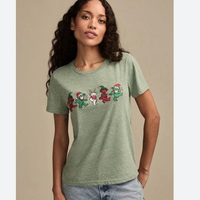 NWT Lucky Brand Grateful Dead Holiday Bears Graphic T-Shirt Green Embroidery S