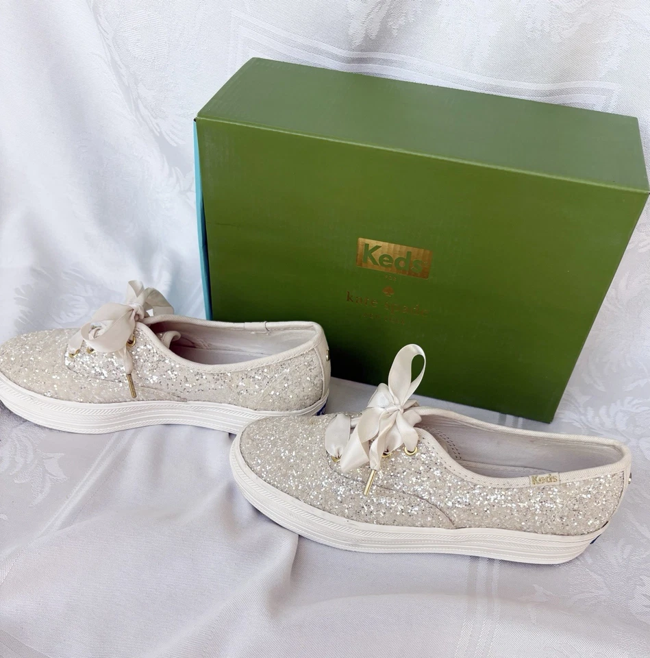 KEDS X KATE SPADE NEW YORK TRIPLE KS GLITTER CREAM PLATFORM SNEAKERS, SZ 5, EUC! - Image 3 of 4