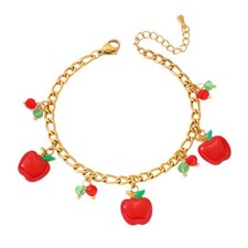 Sweet Red Enamel Apple Charm Crystal Tassel Stainless Steel Bracelet for Woman F