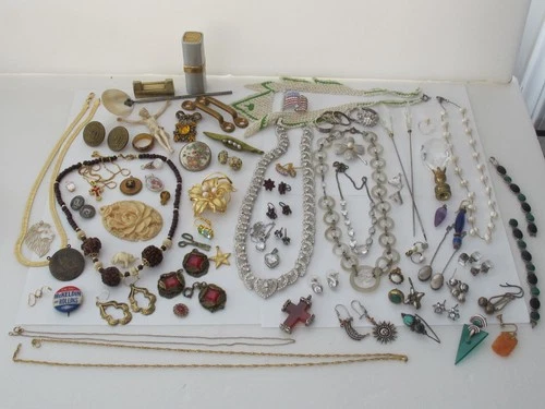 Vtg Jewelry Lot Mixed Sterling Silver Victorian Ring Brooch Necklace Earrings A1