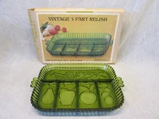 Indiana OLIVE GREEN ORIG BOXED 5 Part Divided Relish Glass Dish Tray Fruits NOS