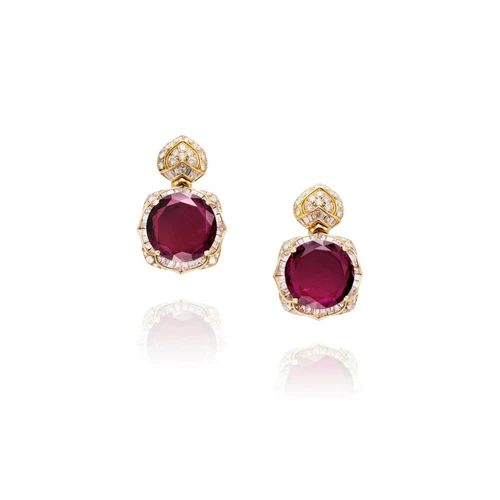 Bulgari 18k Yellow Gold Rubellite Tourmaline and Diamond Lotus Earrings Rare!