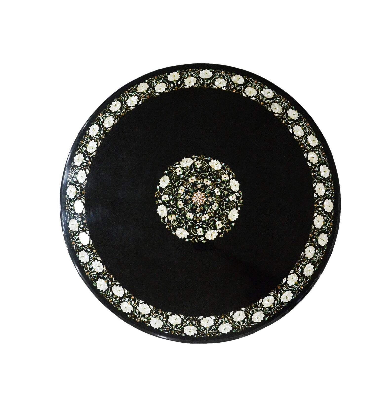 18-Inch Black Marble Round Coffee Table with Floral Inlay Design for Home Decor