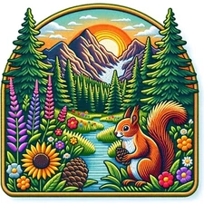 Squirrel Patch Embroidered Iron-on Applique Forest Mountain Sunset Flowers River