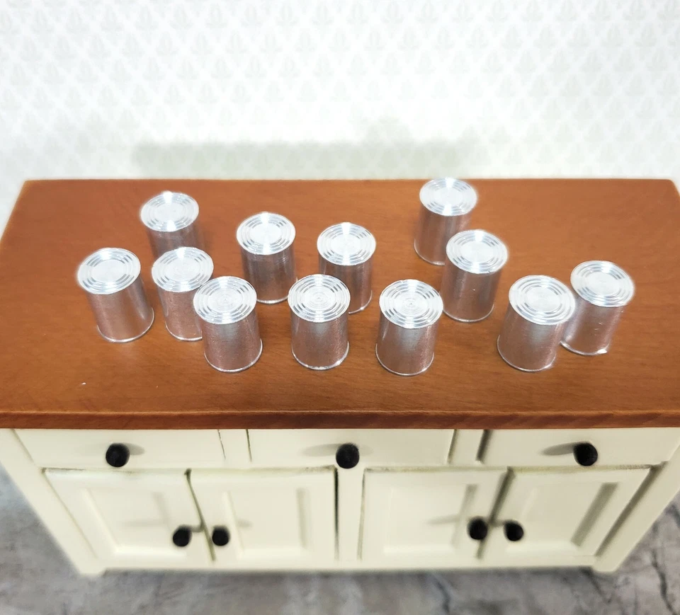 Latas de metal en miniatura medianas x12 tienda de comestibles #21 espacios en blanco escala 1:12 casa de muñecas Foto 3 de 4