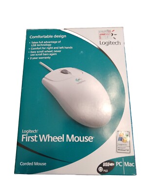 Logitech First Pilot/Wheel Mouse Corded M-BE58 USB PS/2 PC/MAC Unused with Box