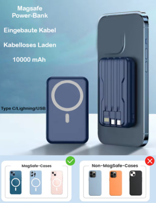 Powerbank 10000 mAh/Magsafe/ Kabellos/Quickcharge /TYPE C-USB-IOSKabel eingebaut