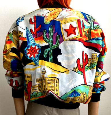 VTG 80s Carol Horn Silk Bomber Jacket Desert Travel Ticket Print 
