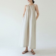 Women Linen Cotton Off Shoulder Solid Slip Long Dress