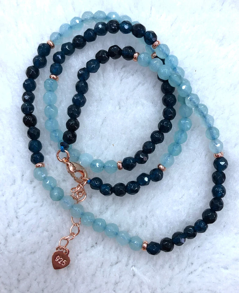 Collar de cuentas redondas de piedras preciosas rondelle aguamarina y apatita facetadas de 4 mm 18"" A Foto 4 de 4