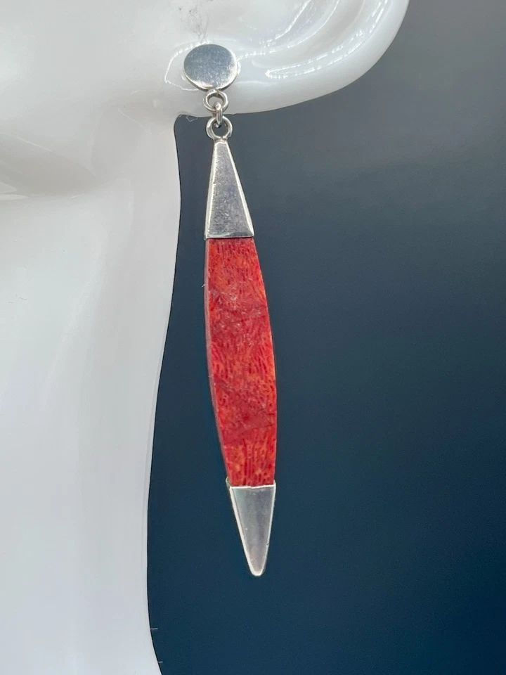 Pendientes geométricos de plata esterlina artesanales de coral teñidos con sangre MADERA ÚNICOS EN SU CLASE Foto 2 de 4