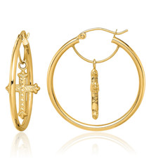 14K Solid Yellow Gold Cross Dangle Round Medium Hoop Earrings