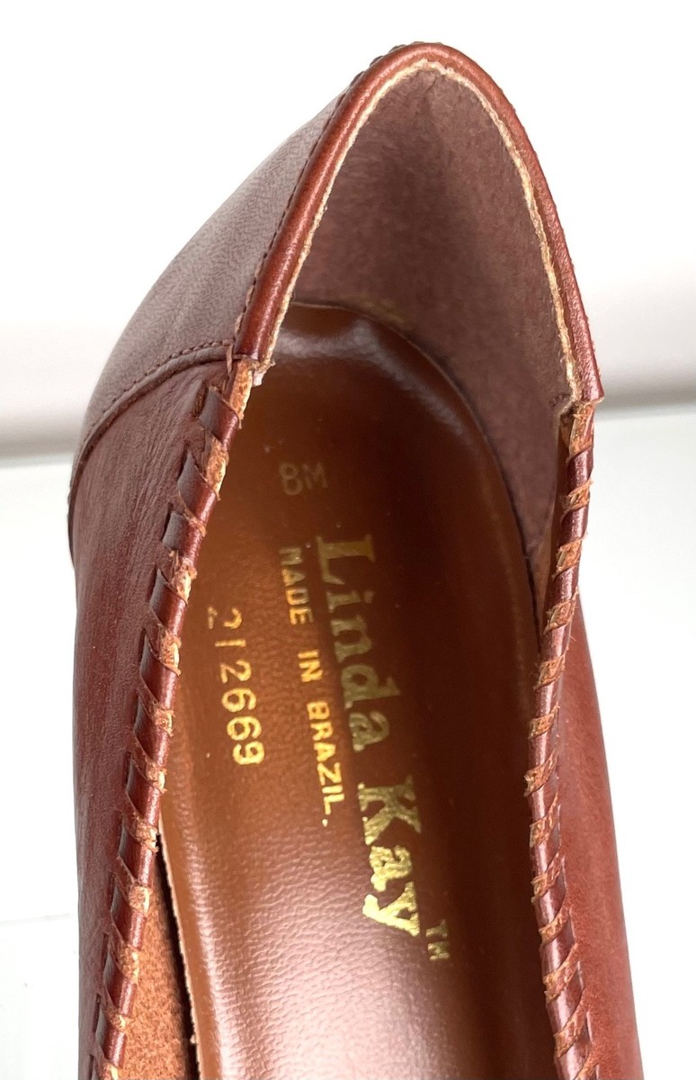 画廊 VINTAGE LINDA KAY CARAMEL LEATHER WOVEN PEEP TOE LOW WEDGE MADE IN