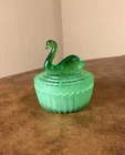Vintage Jeannette Green Glass Swan Covered Dish with LID.  Depression Era