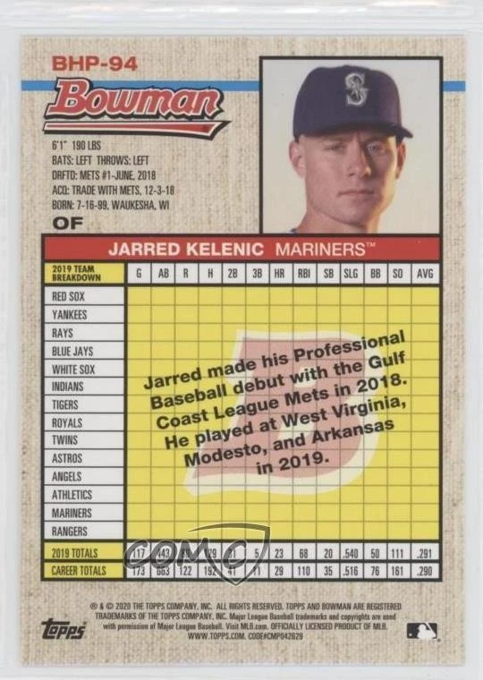 2020 Bowman Heritage Prospects Black & White Jarred Kelenic #BHP-94 - Image 2 of 2