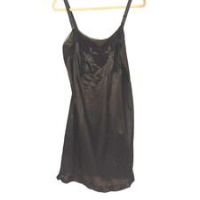 Komar Black Lace Trim Full Slip 38 Average Made in USA Nylon Silky Vintage Retro