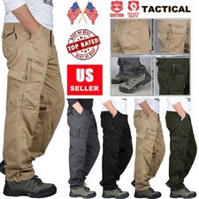 Men's Relaxed Fit Cotton Cargo Pants Work Outdoor Utility Multi-Pocket Casual