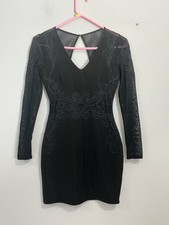 Womans Guess Size Xs Black Sheer Sleeves Embroidered Cocktail Dress 