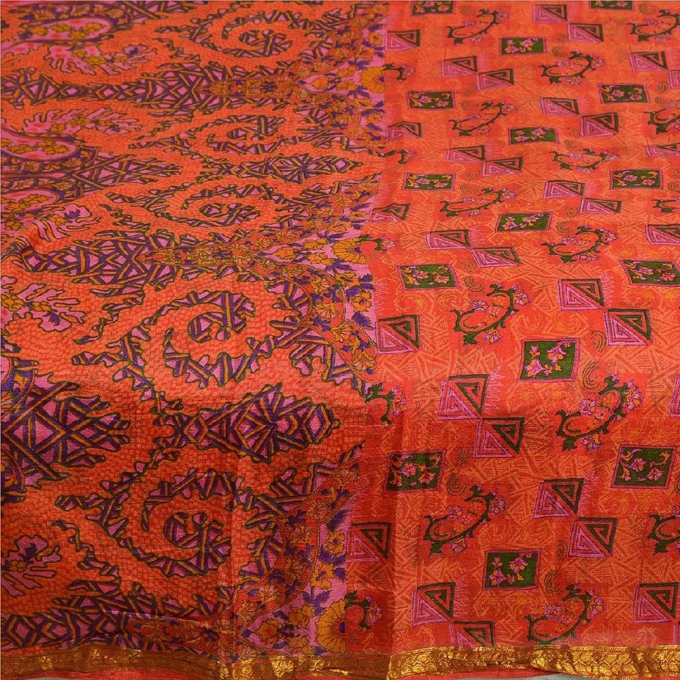 Sari de seda pura estampada roja de la India sánscriti vintage tela artesanal de 5 yardas Foto 4 de 4