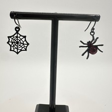 Vintage Halloween Mismatched Spider & Web Earrings Black Gothic Costume Dangles
