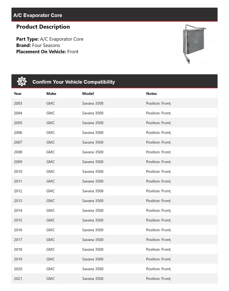 Núcleo evaporador delantero para GMC Savana 3500 2003-2021 4 estaciones 2004 2005 2006 Foto 2 de 4