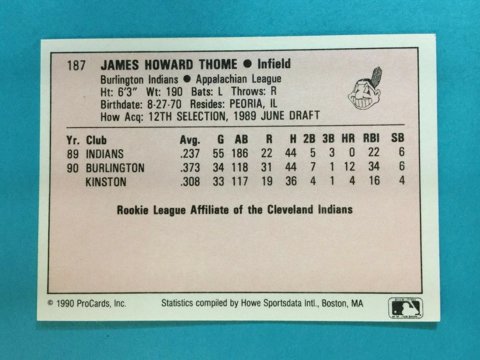 1990 ProCards Set Break #187 JIM THOME RC HOF Burlington Indians  NM-MT K1120318 - Image 2 of 4