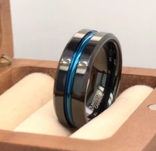 High Polished Black Tungsten Band Blue IP Center Thanksgiving Gift Ring For Her