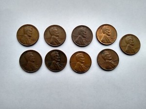 Lot Of 9 Lincoln Wheat Pennies: 1940, 42, 44, 48, 50, 56, 58 
