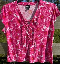 INC Womens Pink Floral Lace-Up Knit Top Size 0X Polyester/Spandex Short Sleeve