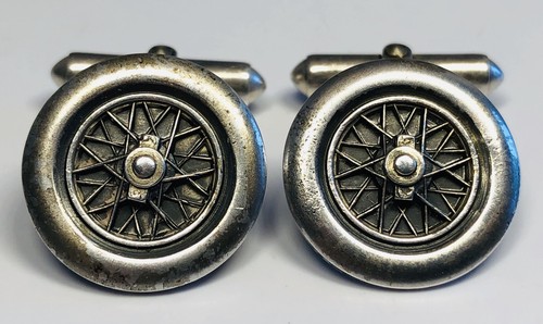 Vintage 1950s Trebor Co Sterling Silver Auto Racing Tires Spokes Cufflinks