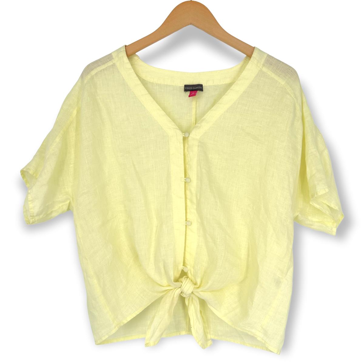 Vince Camuto Medium Daybreak Linen Tie Hem Short Sleeve Blouse