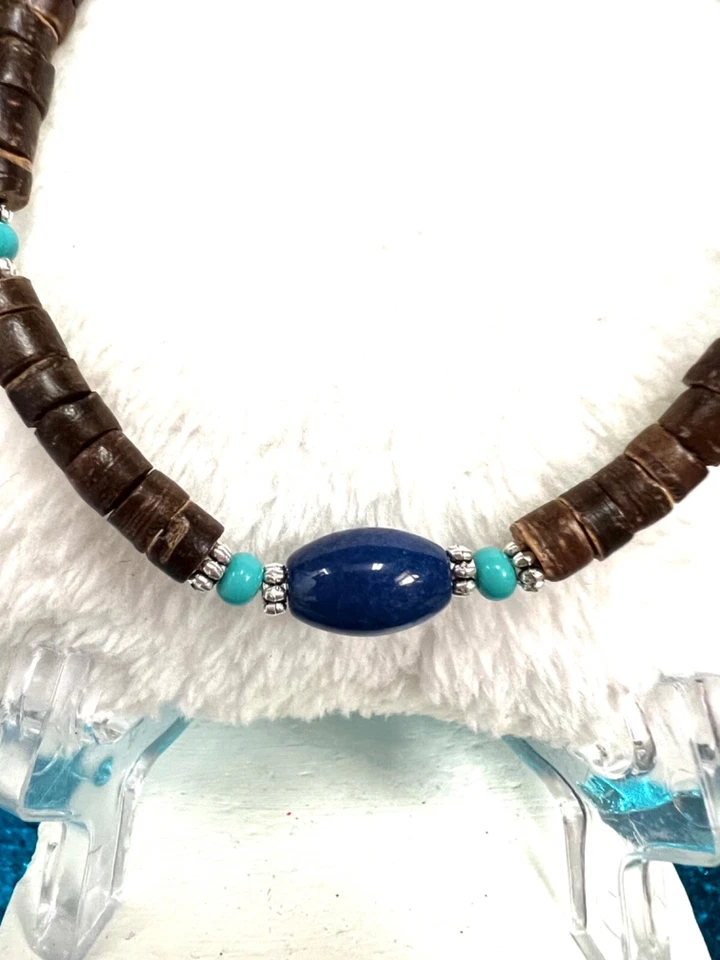 Brazalete elástico con cuentas focales ovaladas piedra azul turquesa y madera occidental 8,5 pulgadas Foto 2 de 4