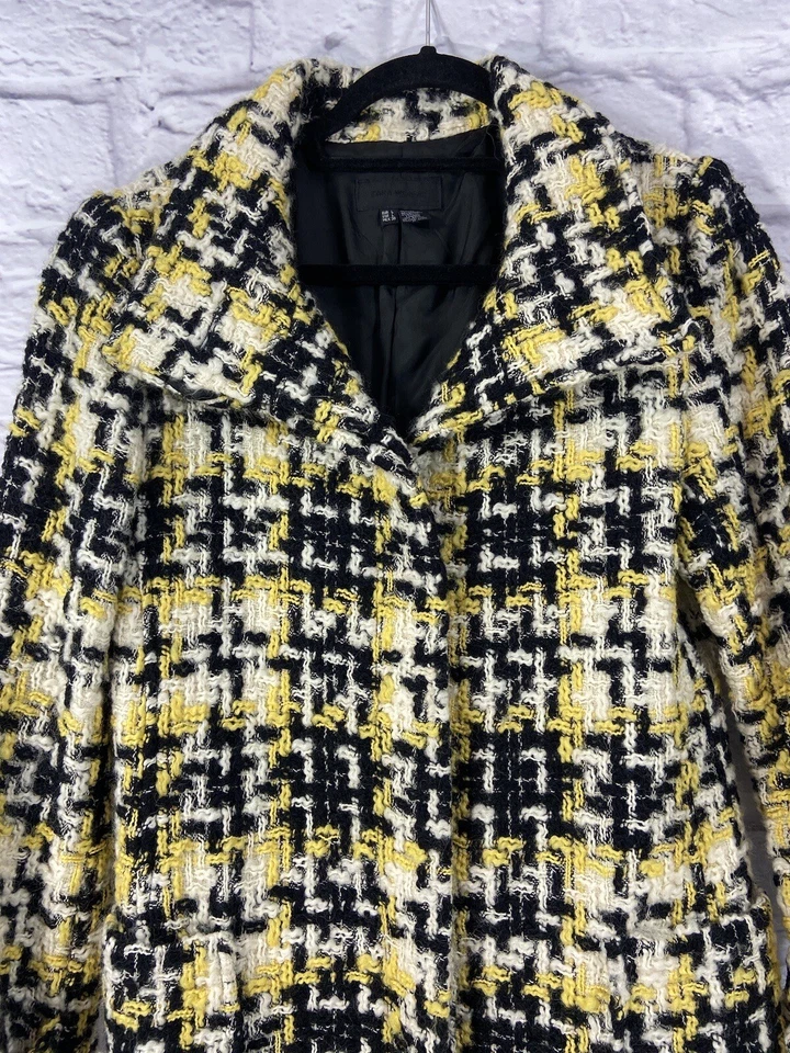 Zara Woman Coat Women’s Large Yellow Black Tweed Plaid Long Sleeve Wool Blend - Image 2 of 4