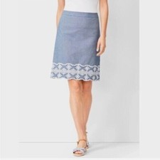 TALBOTS 80 Embroidered Chambray A-Line Skirt Size 4 blue white