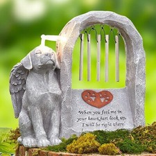 Solar Angel Dog with Lighted Halo Wind Chime Memorial Garden Statue Figurine