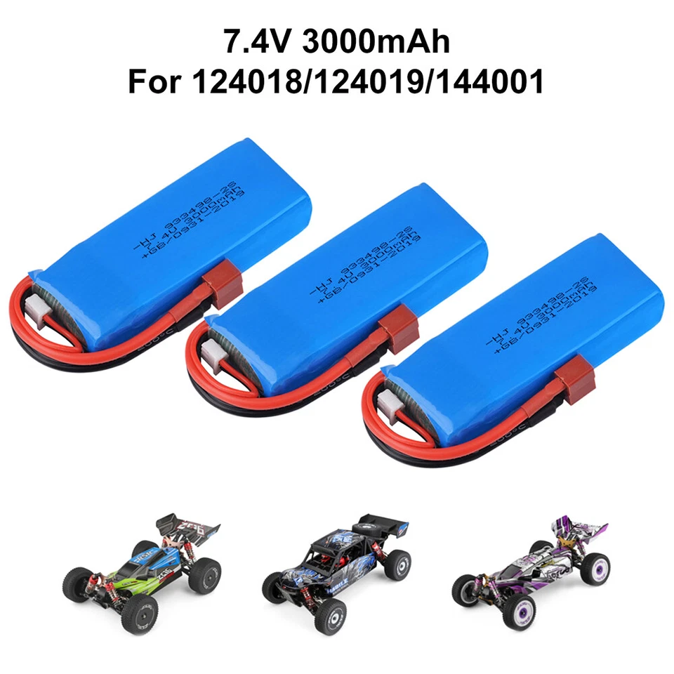 3x 7.4V 3000mAh Lipo Battery 2S for Wltoys 144001 124018 124019  104001 RC Car - Image 3 of 4
