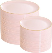 200 Pieces Pink Plastic Plates - Premium Rigid Pink and Gold Disposable Plates