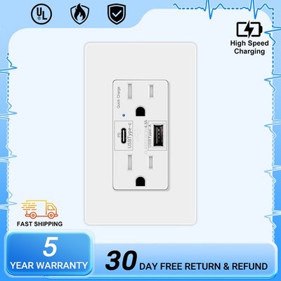 1× Easy Install USB PD 65W Outlet 2AC+2USB-C Ports 15A UL Listed TR Fast Charge