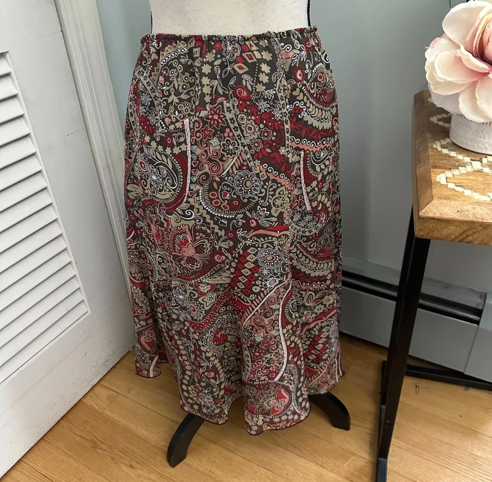 DRESSBARN Skirt Womens 12 Brown Paisley Chiffon Midi Fairy Grunge Retro Y2K Fall - Image 4 of 4