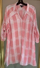ALFANI SIZE EXTRA LARGE LONG CHECKERED TUNIC Red/White Side Slits Adjust Sleeve