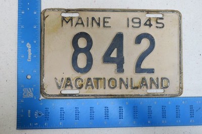 Maine License Plate Tag 1945 45 - Low Number Three 3 Digit #842 Vacationland